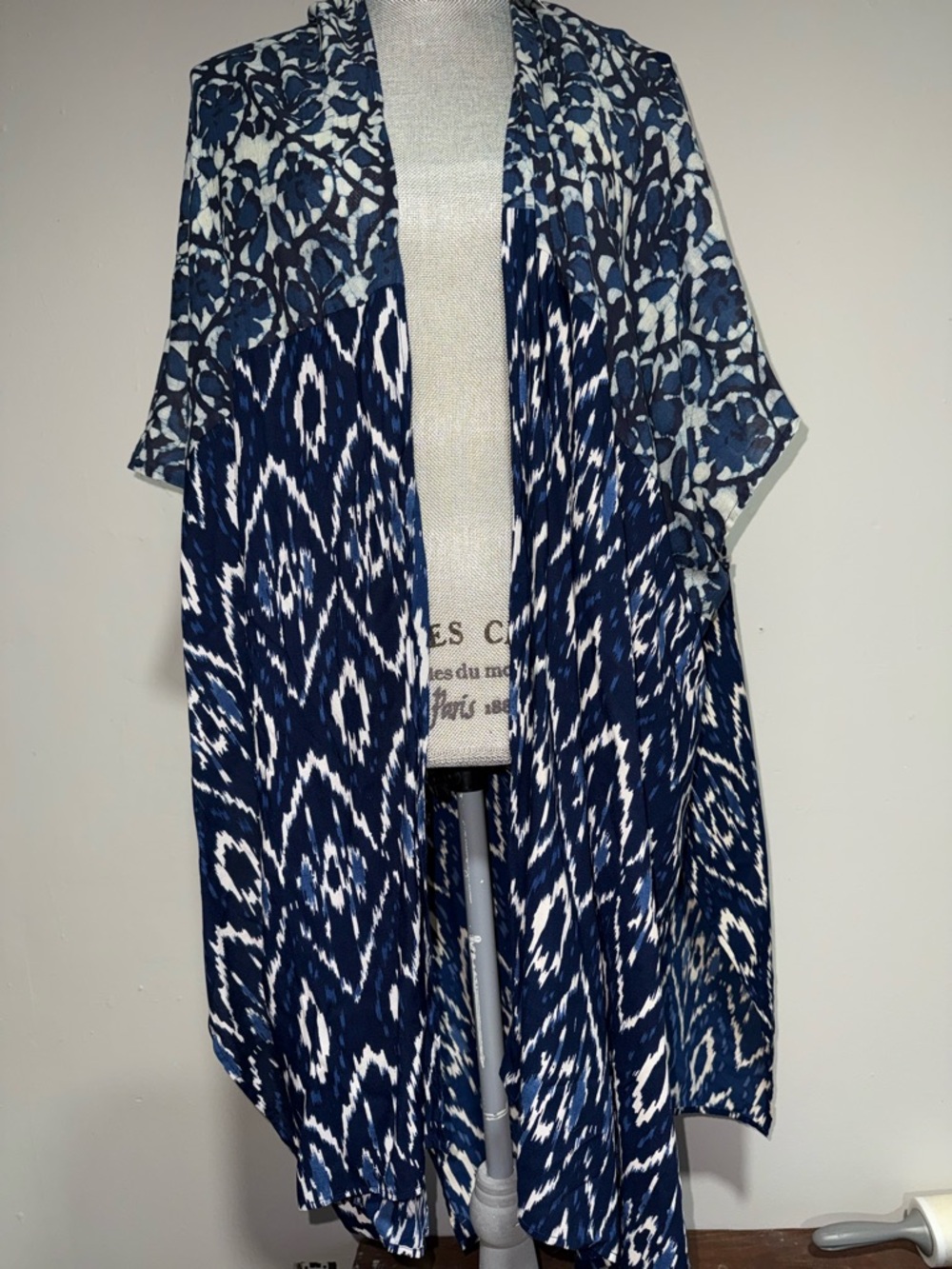 Women's Navy Blue Patterned Open Front Kimono